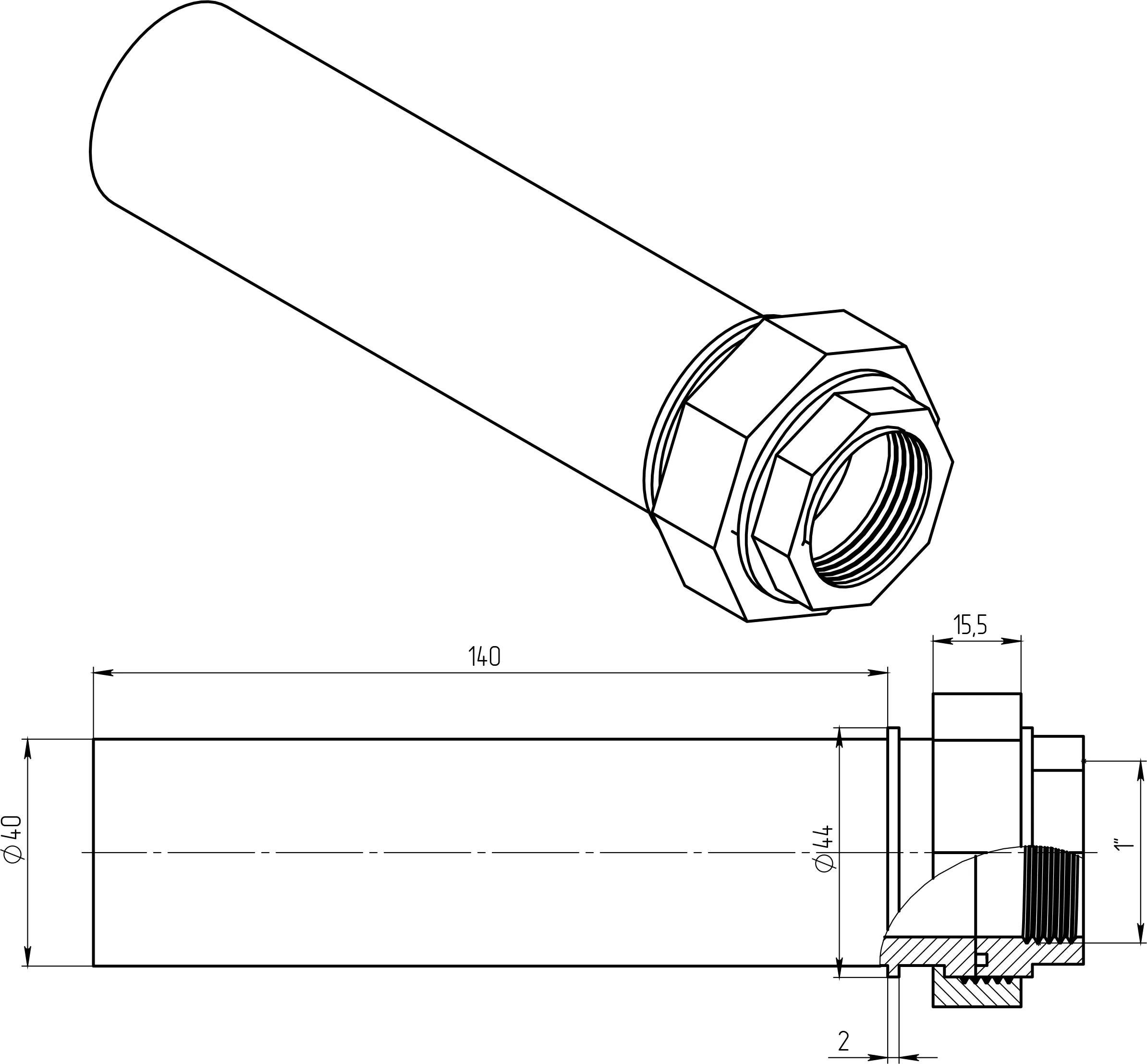 Polyethylene tubing Ø40 with split brass coupling with 1 female thread